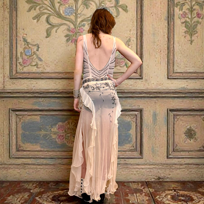 Bettina, 90s silk chiffon beaded bias cut frill dress