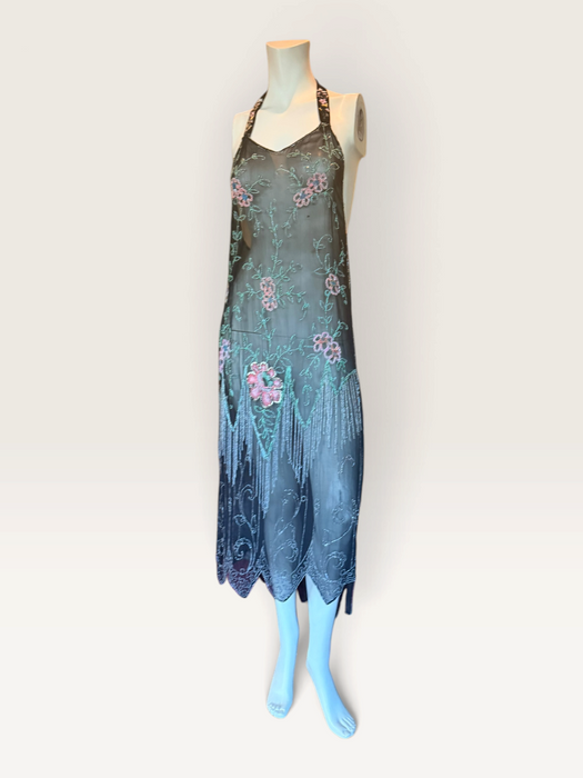 Dana, reworked 1920s black beaded floral fringed silk chiffon scalloped dress