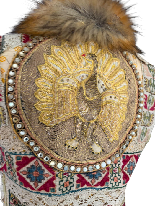 Chiara, 19th C Greek hand woven embroidered waistcoat with a faux fur collar and beaded side pocket