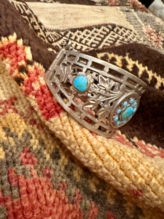 Julia, antique Native American silver turquoise cage etched cuff