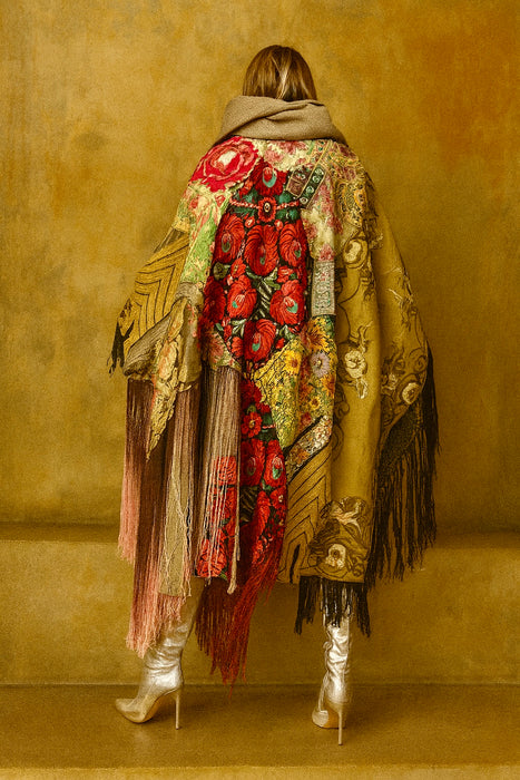 Adonis, 40s Irish wool hooded patchwork fringed coat