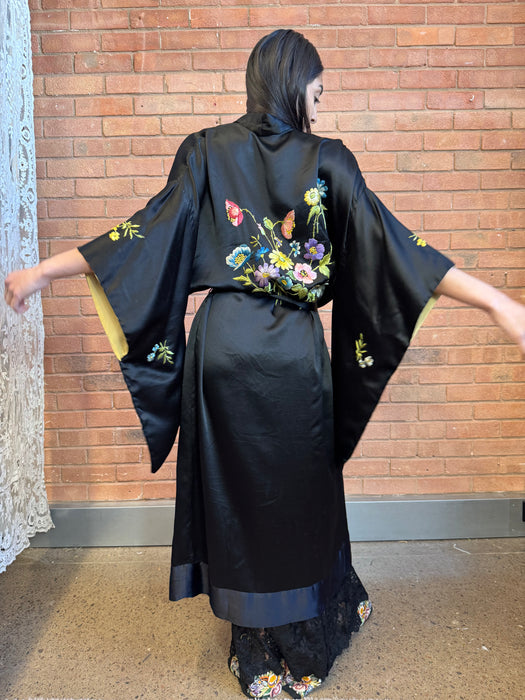 Jennifer, 40s floral black silk kimono