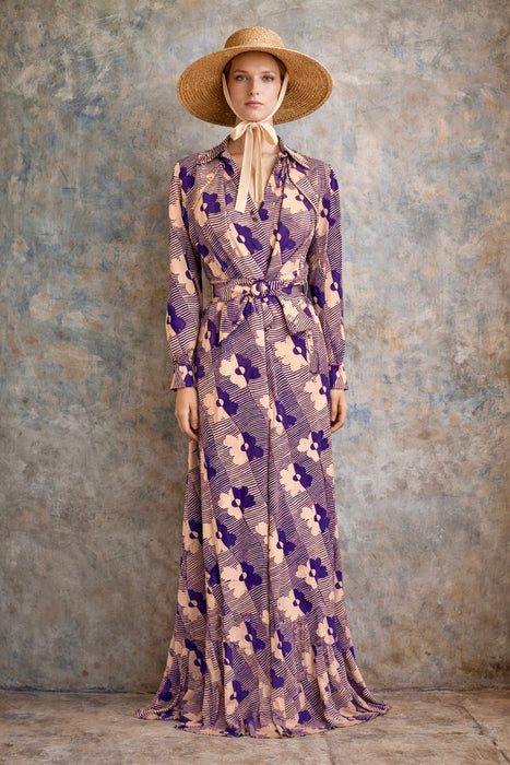 Mary, 70s silk floral print halter dress, bolero and belt