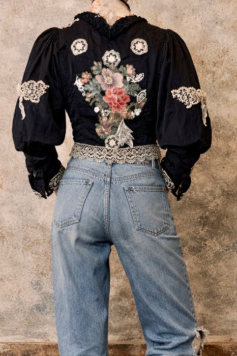 Kiki, Victorian black silk jacket with mutton sleeves, embellished with beaded lace