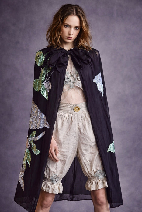 Hanna, Art Nouveau silk devorée chiffon cape with large bird and floral print