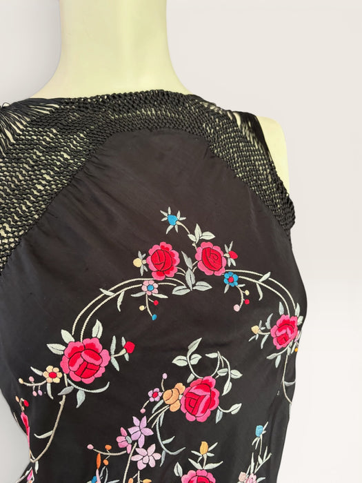 Blackbird, reworked 40s black silk piano shawl floral short dress