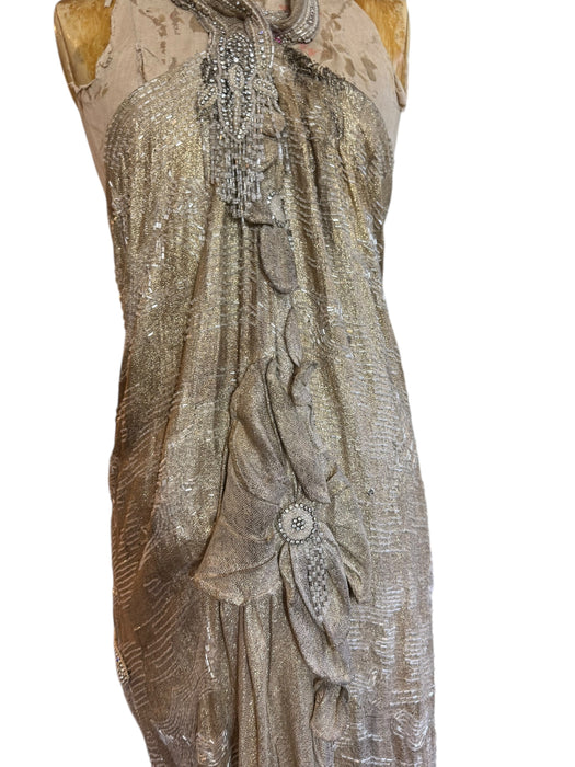Rebecca, reworked 20s silver beaded lamé halter dress with floral motifs