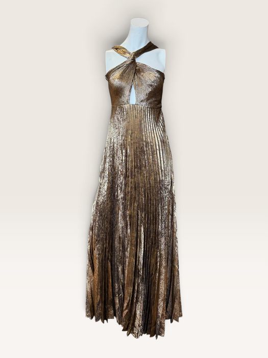 Addison, 1970s gold lures pleated gold halter neck dress