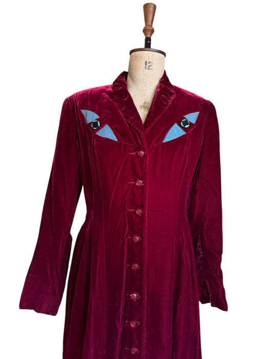 Michéle Pernetta, 80s burgundy velour cat eye long coat