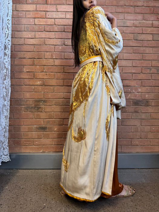 Viking, 40s cream silk and gold Phoenix embroidered kimono