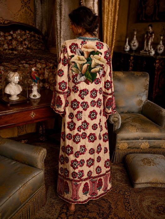 Chapan, early 19th C Uzbek chapan embroidered and beaded robe with couched Edwardian floral embroidery and turquoise buckle