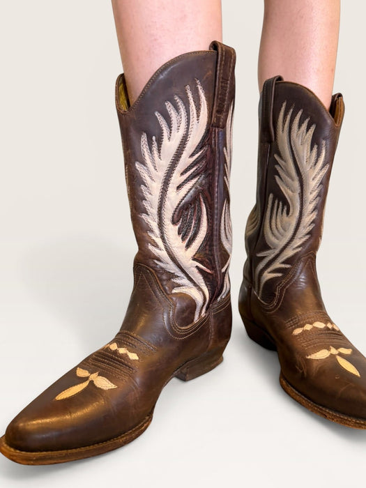 Ozark, 70s brown and cream tooled hand painted cowboy boots