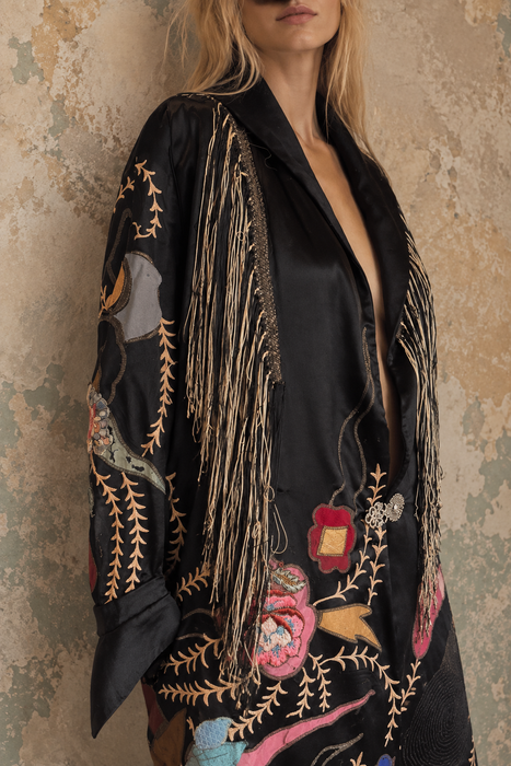 Arca, reworked Art Deco silk embroidered coat with fringing