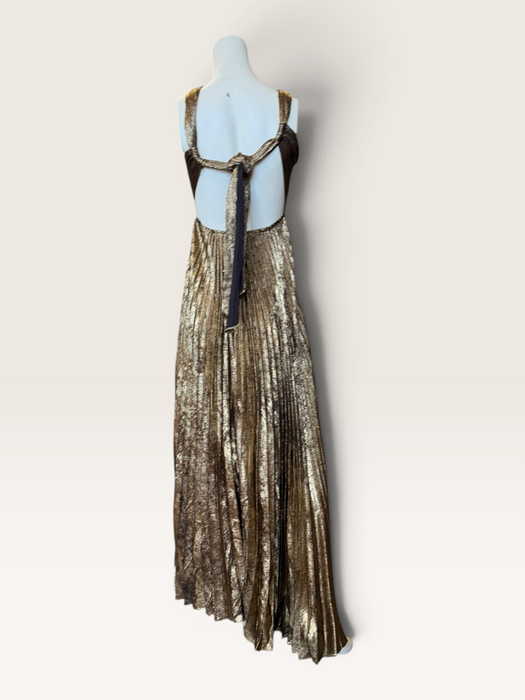 Addison, 1970s gold lures pleated gold halter neck dress