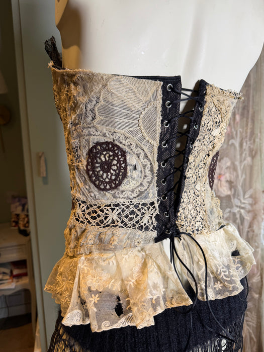 Forrest, reworked 40s boned corset with handmade Victorian lace, 20S Beading and silver Victorian filigree pendant