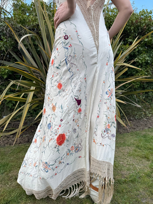 Caprice, reworked 40s silk embroidered floral shawl dress