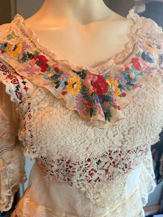Paulina, reworked antique lace blouse with Romanian silk embroidered sleeves and collar