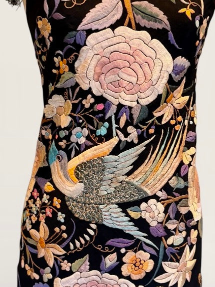 Angel, reworked 30s silk embroidered piano shawl bias cut dress