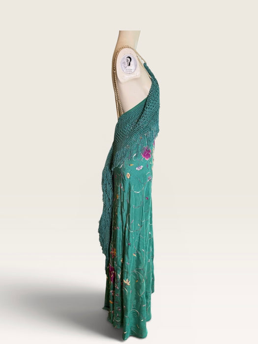 Dora, reworked 1940s silk embroidered fringed piano shawl dress