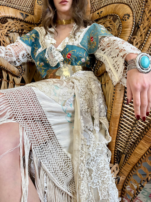 Joyce, reworked antique lace and needlepoint coat