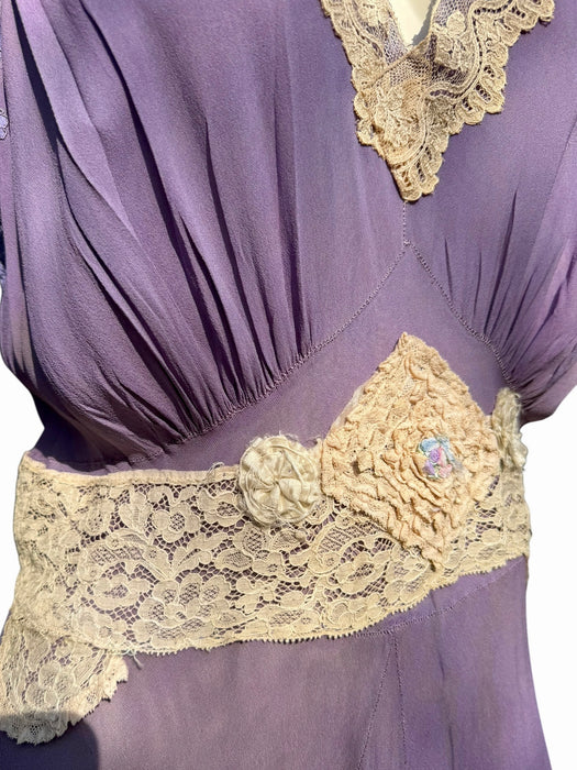 Lavender, 1930s hand dyed silk and lace dress with lace ribbon inserts