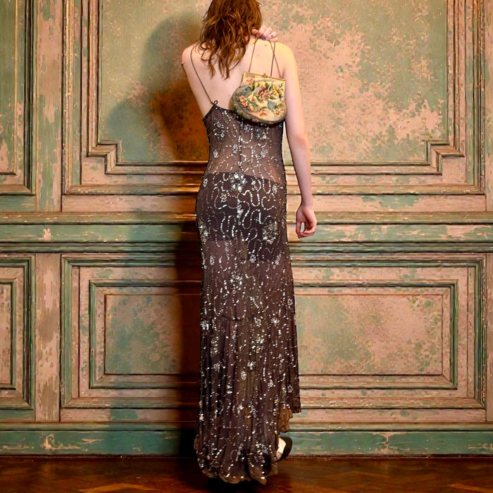 bias cut silk sequin dress Vintage 90s Y2K Silk Burnout Beaded Gown Bias Cut Sequin Dress - Size 12