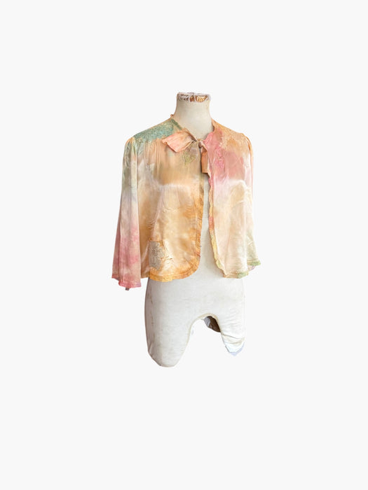 Kaz, hand dyed 30s silk and lace bolero with necktie and side pocket