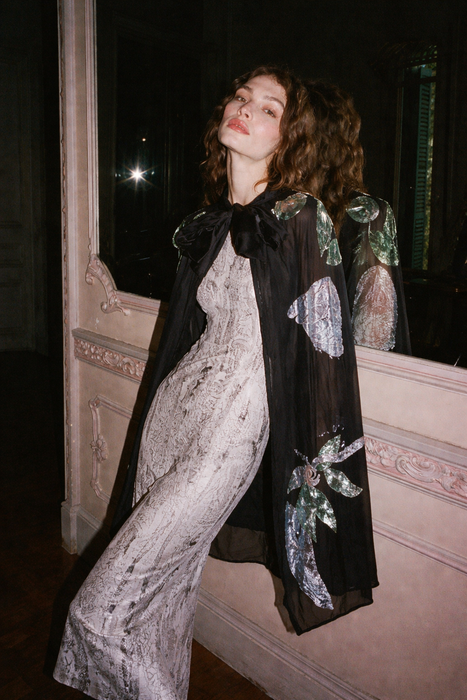 Hanna, Art Nouveau silk devorée chiffon cape with large bird and floral print