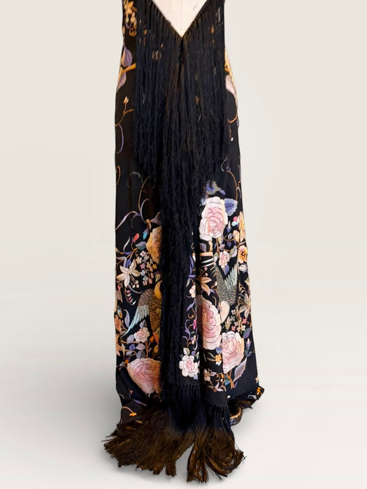 Angel, reworked 30s silk embroidered piano shawl bias cut dress