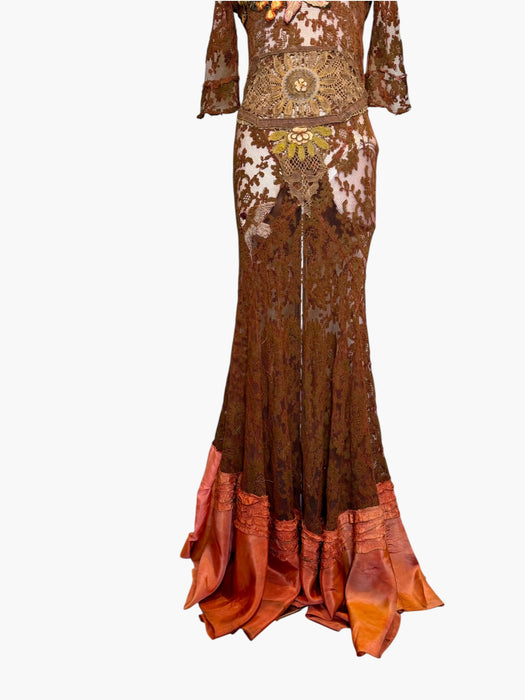 Arlo, 1930s burnt orange lace bias cut dress with Edwardian metallic embroidery and hand made silk florals