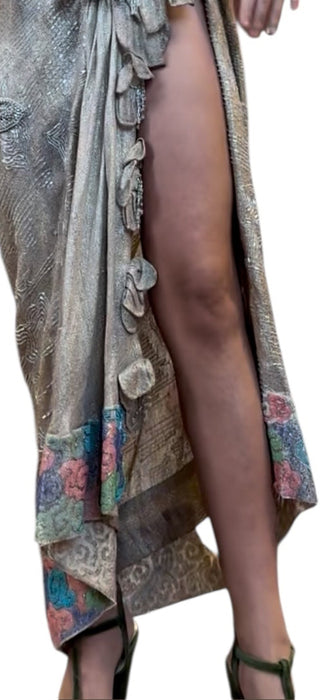 Rebecca, reworked 20s silver beaded lamé halter dress with floral motifs