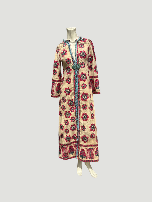 Chapan, early 19th C Uzbek chapan embroidered and beaded robe with couched Edwardian floral embroidery and turquoise buckle