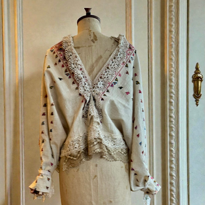 Claude, reworked antique Romanian embroidered and lace blouse