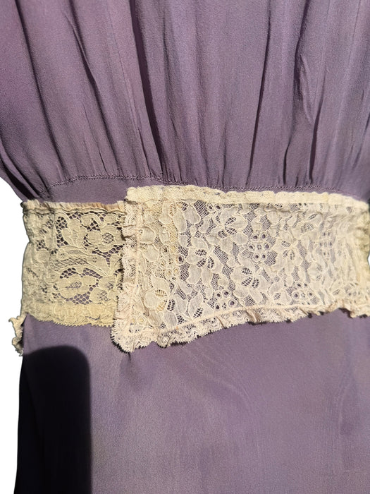 Lavender, 1930s hand dyed silk and lace dress with lace ribbon inserts