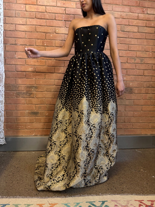 Alice, Y2K silk jacquard black and gold dress