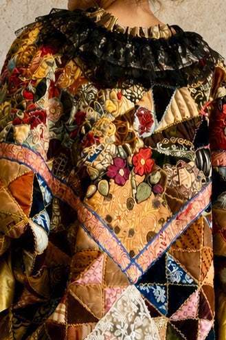 Patricia, reworked Victorian patchwork jacket with lace collar and side pocket