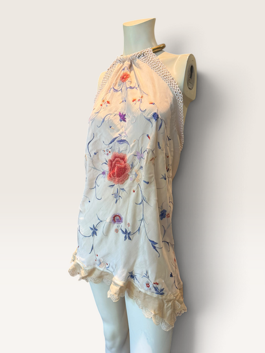 Plato, reworked short piano shawl embroidered dress with brass chocker