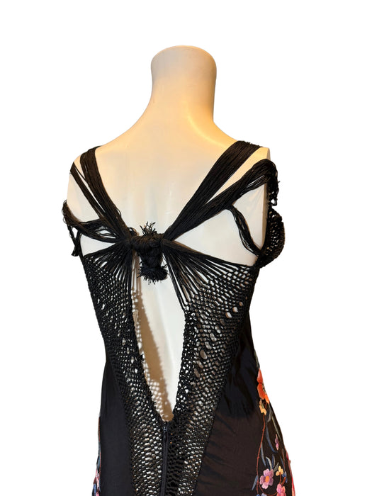 Birdie, reworked 40s embroidered piano shawl bias cut fringed dress