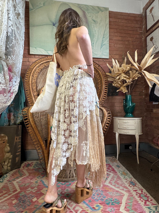 Paula, reworked 30s lace and silk fringed dress
