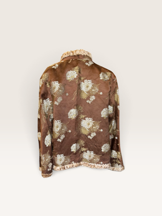 Edina, 70s Oriental camel silk damask teddy lined jacket