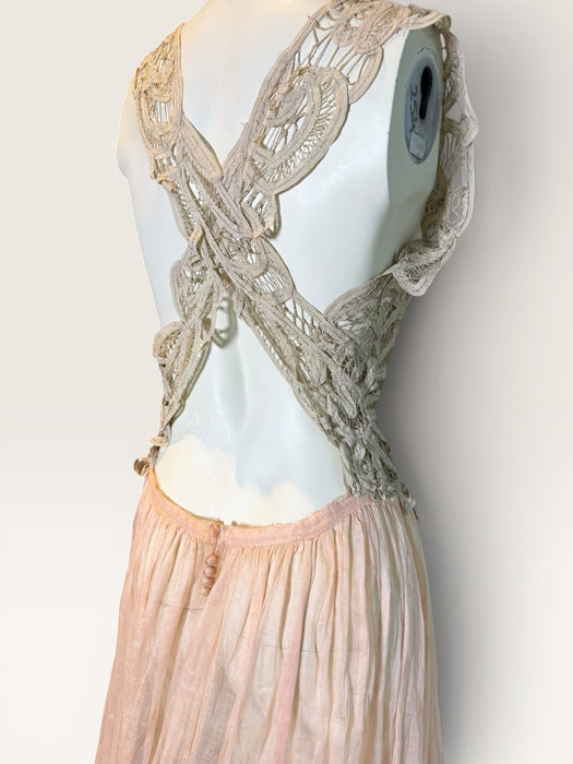 Rosa, reworked Victorian tape-work cream top and pink organza tiered skirt