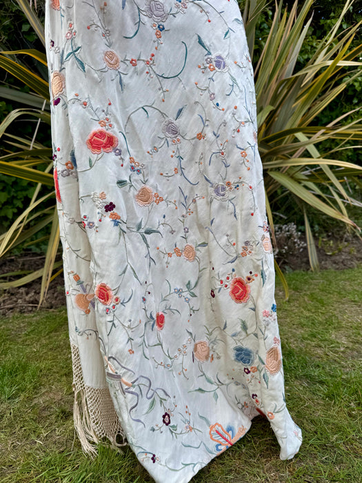 Caprice, reworked 40s silk embroidered floral shawl dress