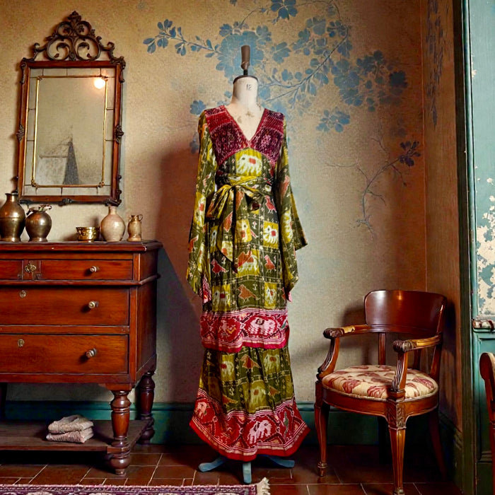 Thea Porter, Couture 70s silk print angel sleeve tiered dress