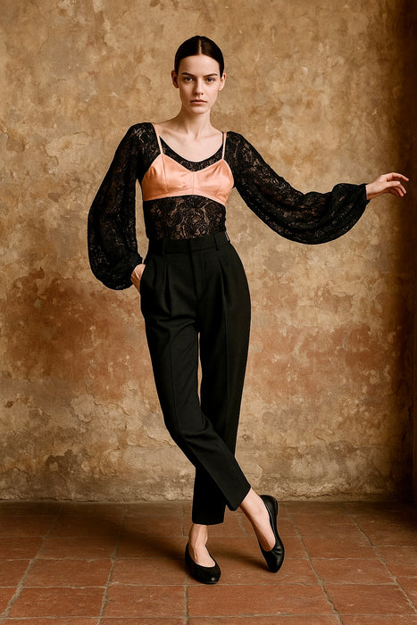 Tara, reworked 1930s black silk lace scalloped balloon sleeve blouse with 40s pink silk bra