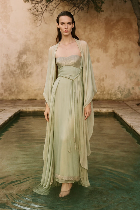 Emma, 1970s, silver beaded hand dyed chiffon dress and matching beaded robe and tie