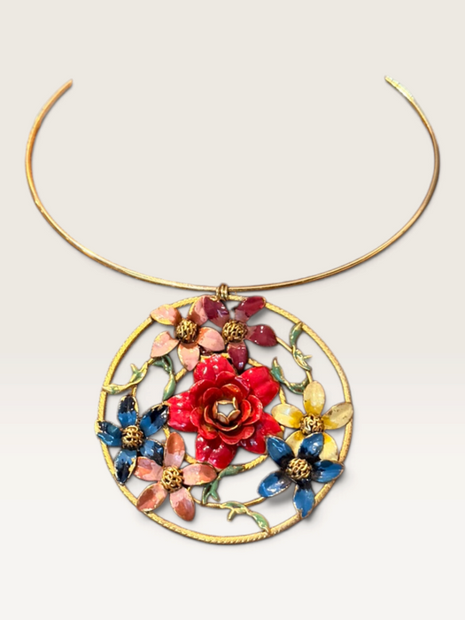Jasmir, hand painted Victorian floral circular pendant on a thin gold choker