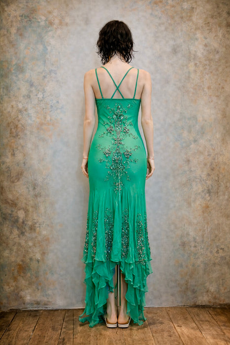 Esmeralda, 90s bias cut chiffon beaded dress with handkerchief silhouette