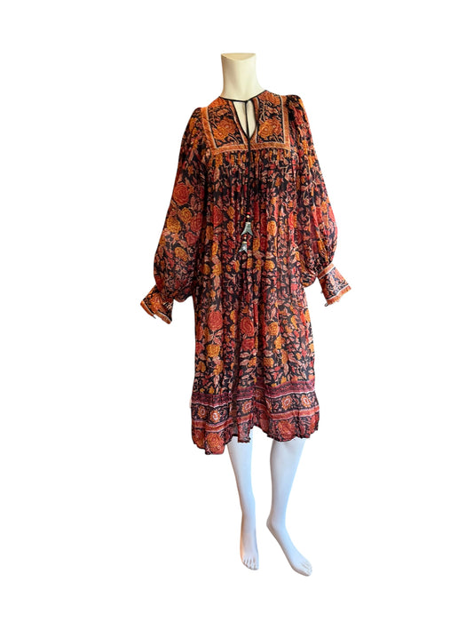 Anchor, 70s silk Indian block print balloon sleeves belted dress