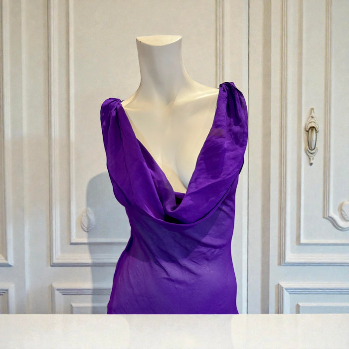 Axil, 90s purple silk chiffon bias cut dress with cowl neck