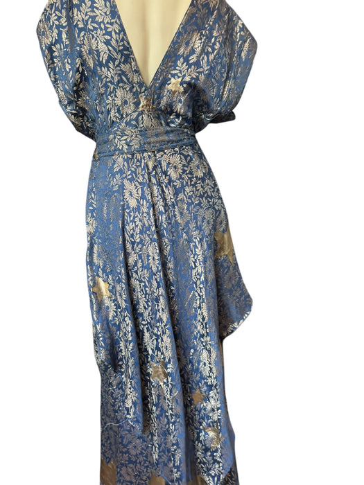 Slay, 30s blue and silver lamé bias cut dress with silver stars